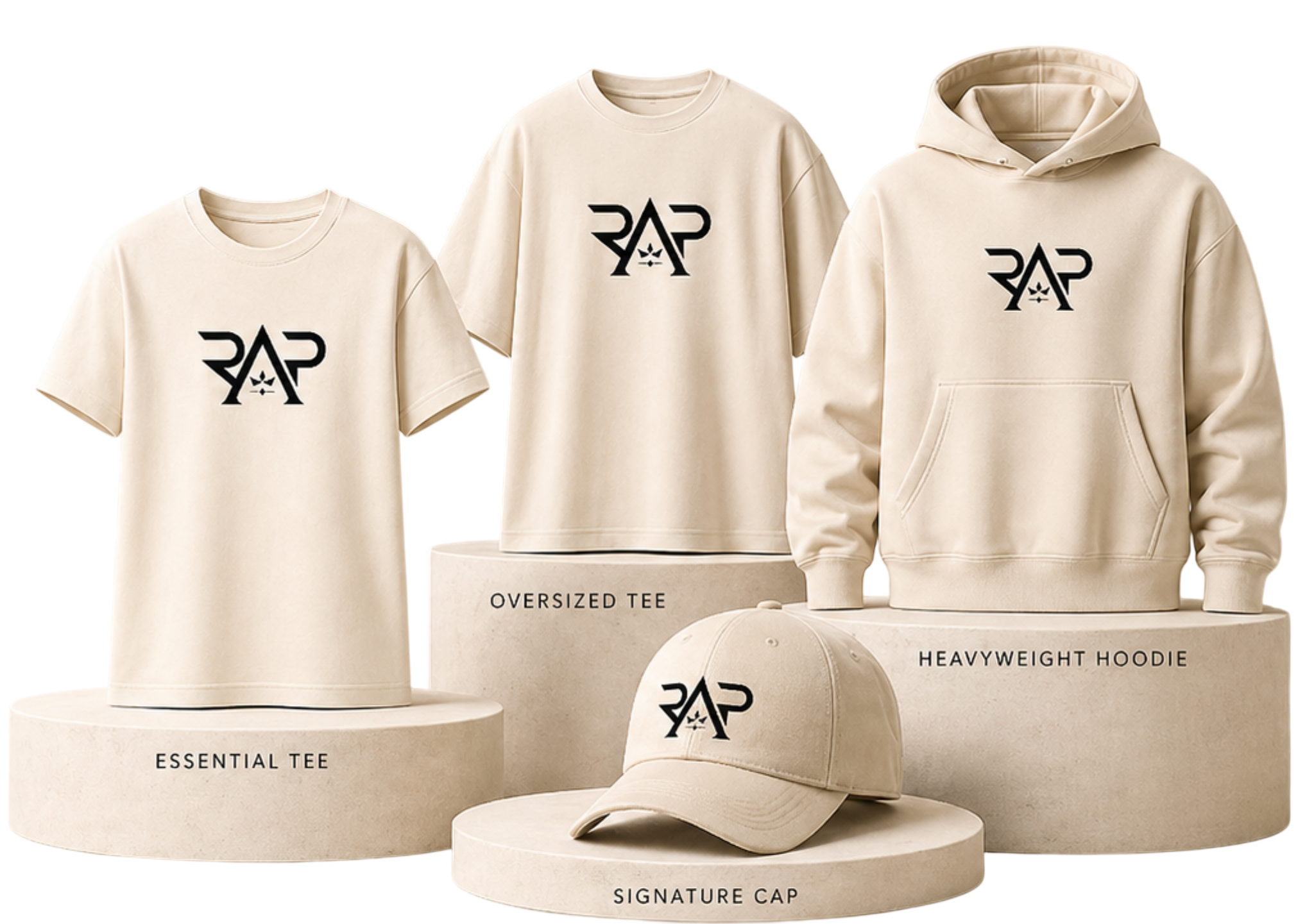 RAP Apparel Drop 001 collection preview featuring Essential Tee, Oversized Tee, Heavyweight Hoodie and Signature Cap